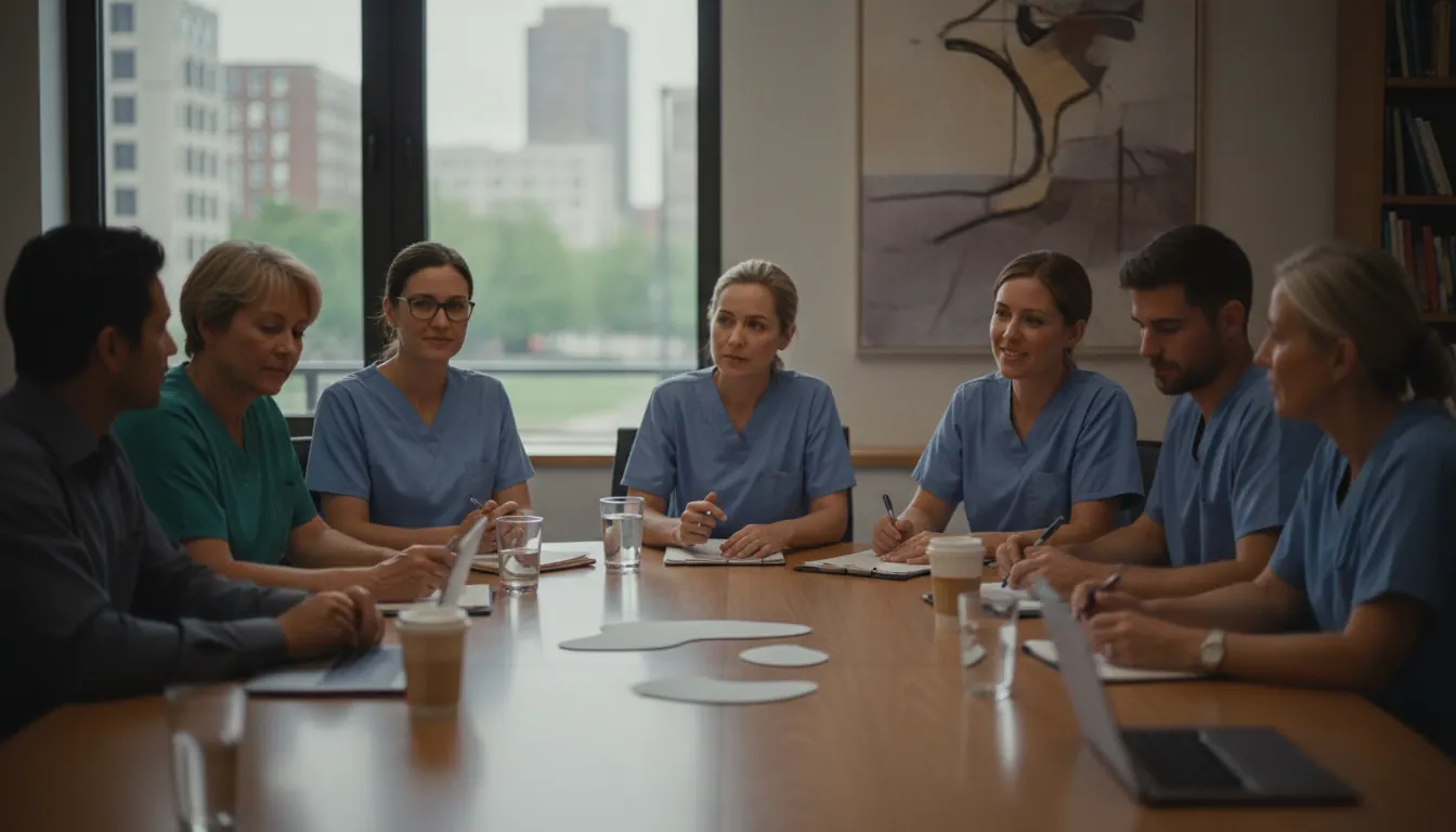 Community leaders and healthcare professionals collaborating at round table discussion