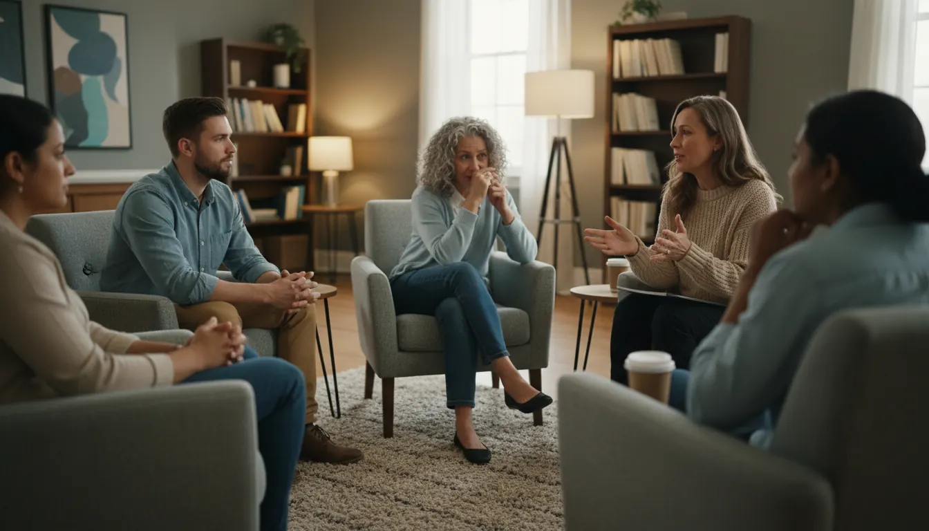 People participating in peer support group meeting with facilitator
