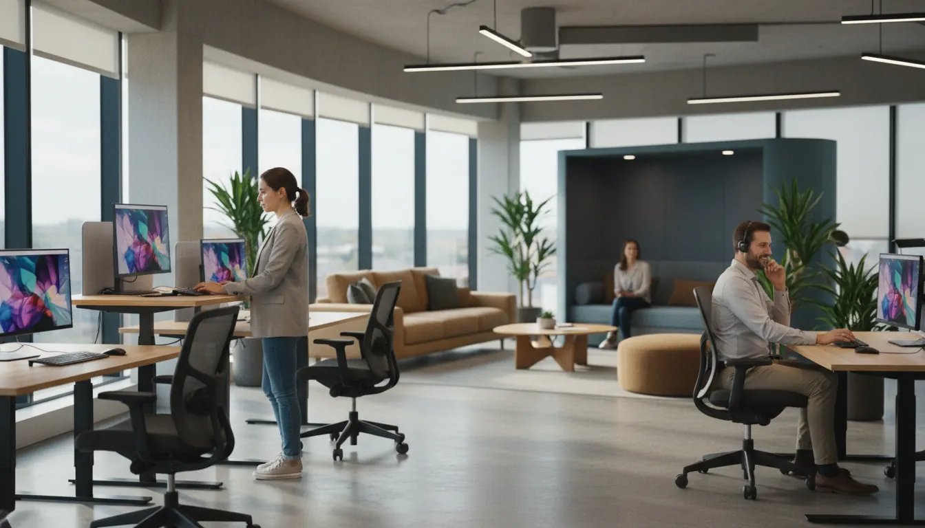 Modern office space with adjustable workstations and quiet areas