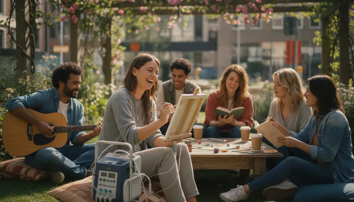Group of friends enjoying leisure activity together including person with chronic condition