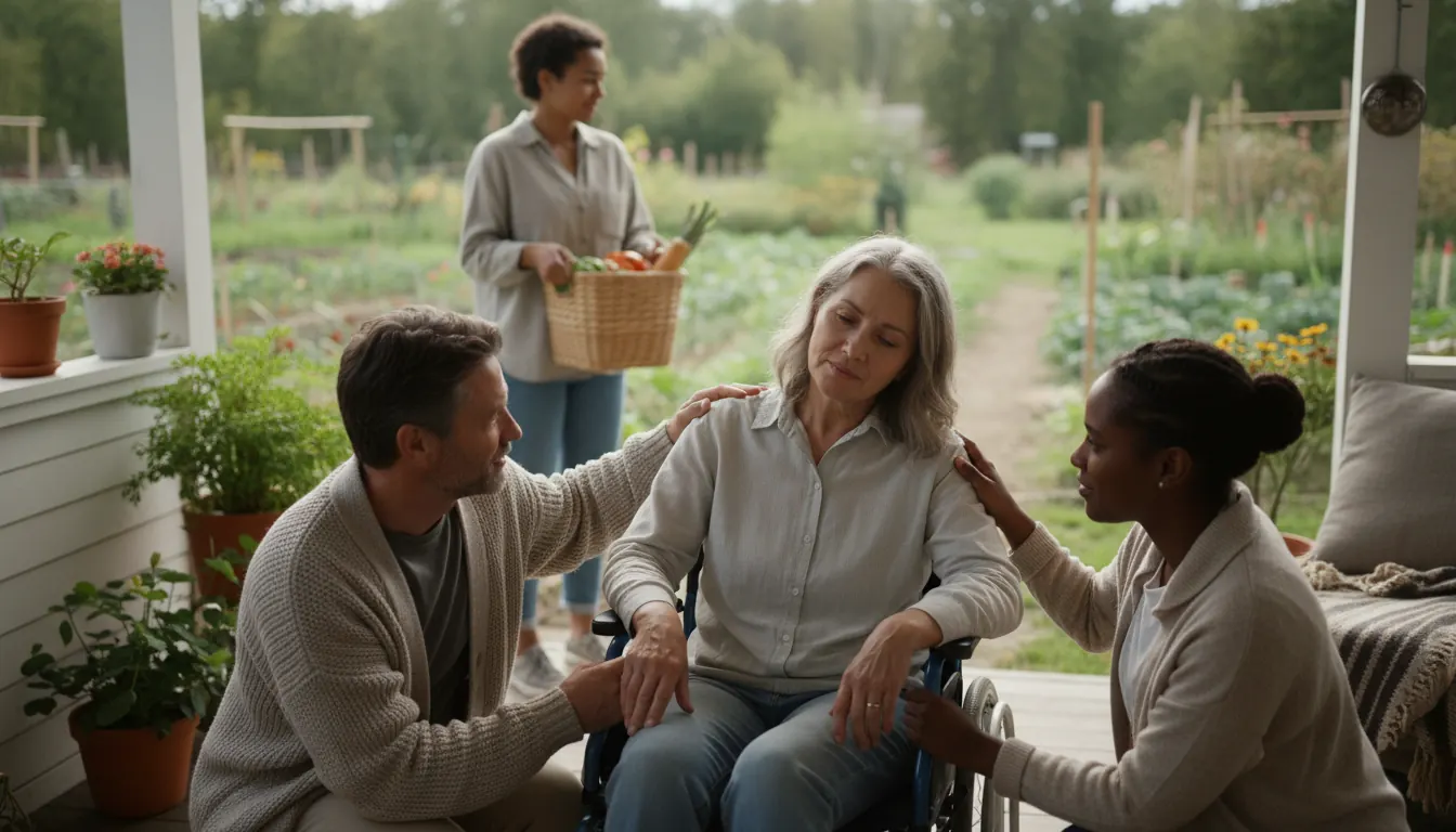 Supportive community members helping someone facing health challenges