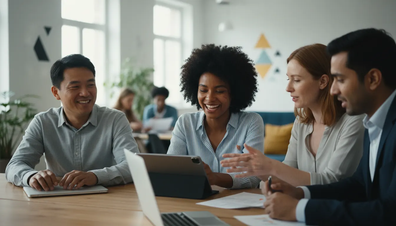 Diverse employees collaborating in inclusive workplace environment