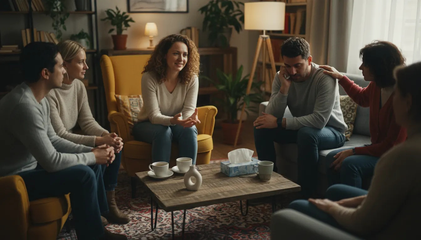 Small group of people sharing stories in supportive peer meeting environment